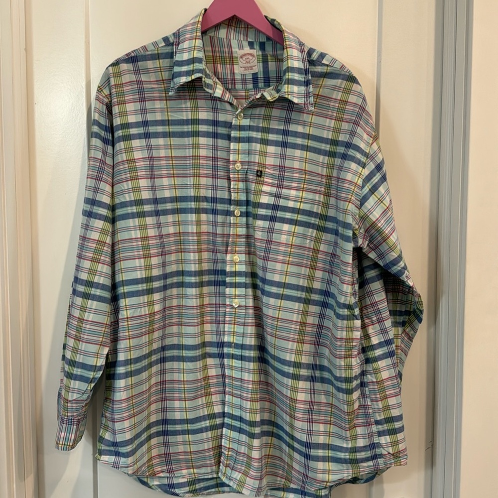 Brooks Brother button up teal blue red, yellow green and white plaid size XXL